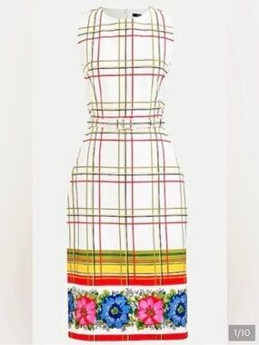 J. Crew White Plaid Midi Dress with Floral Hem